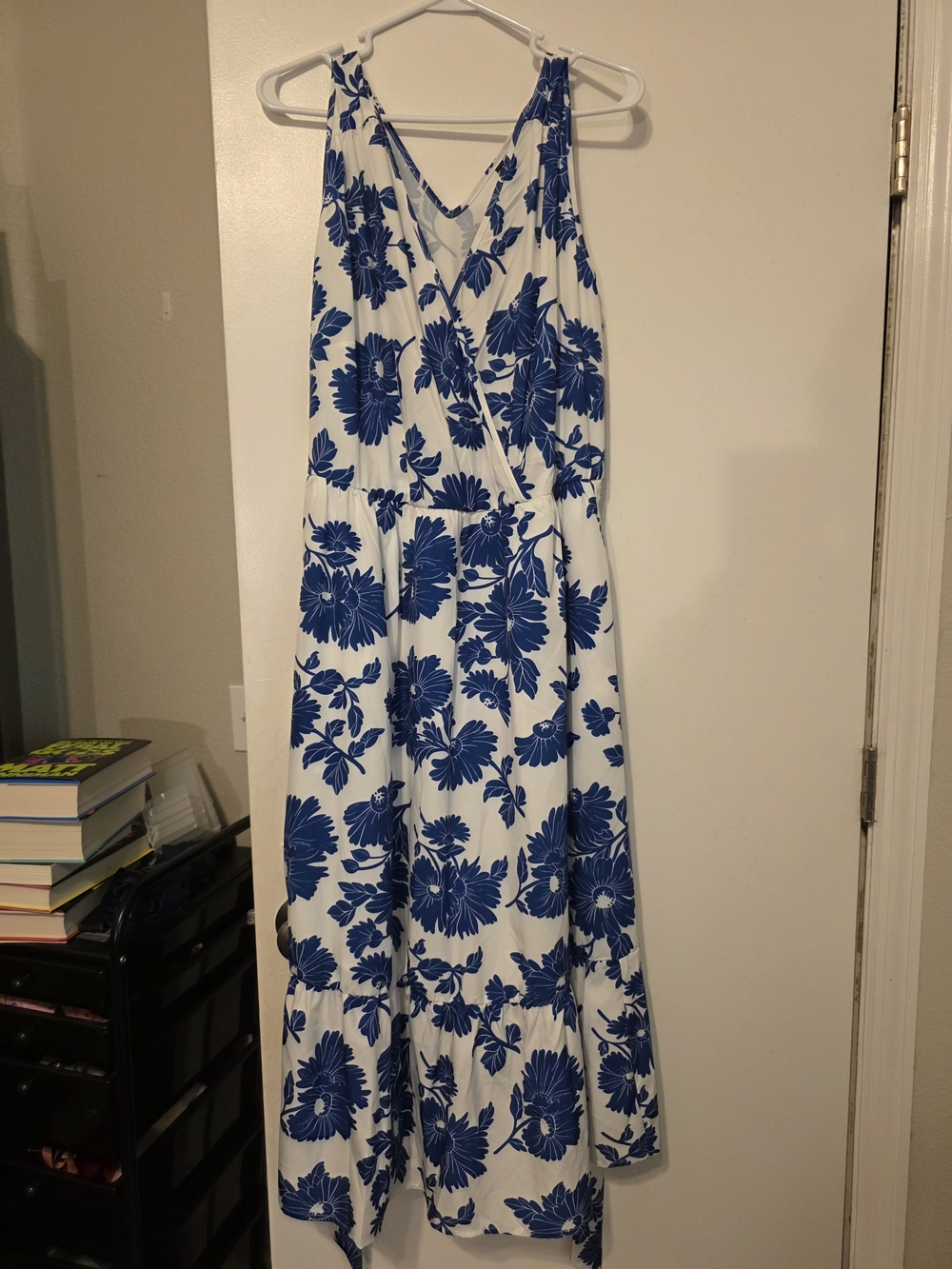 BloomChic White Maxi Dress with Blue Floral Print